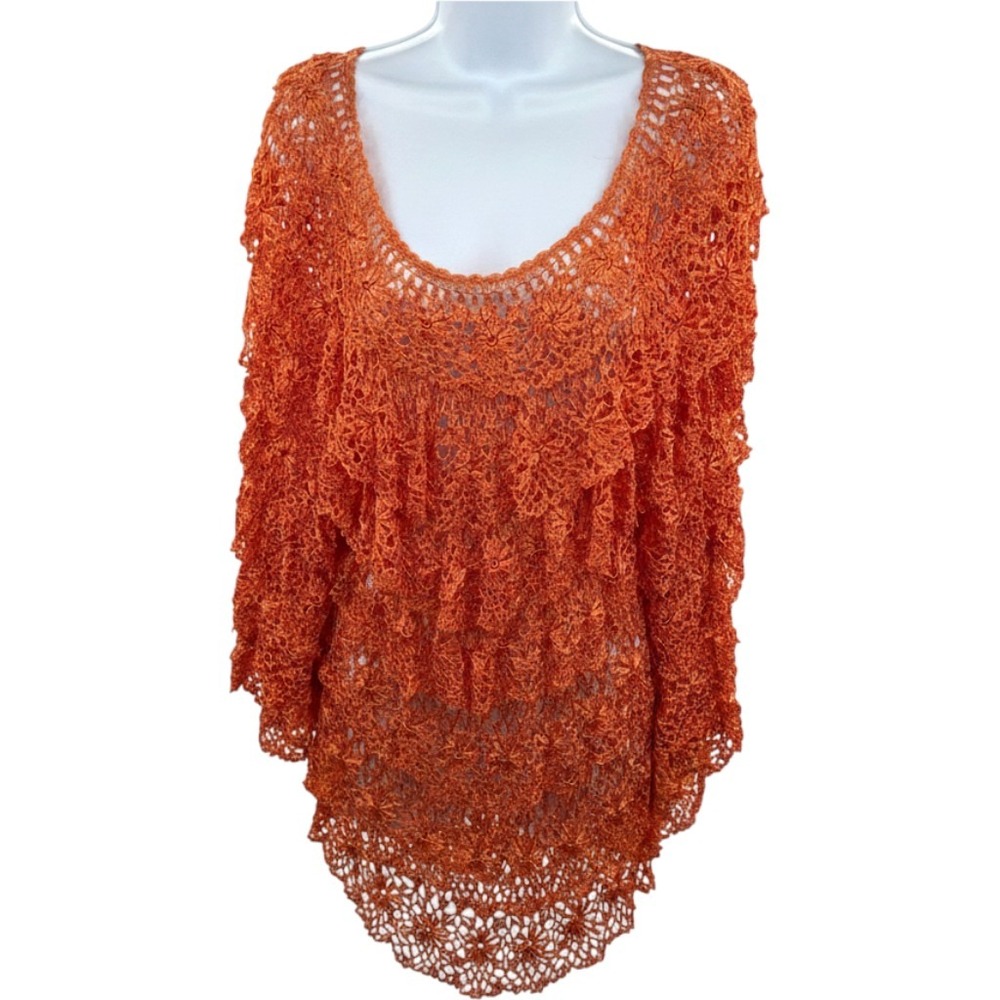 Ania A Orange Crochet Knit Tiered Ruffle Floral Top L/XL Rayon Boho Scoop Neck - Picture 1 of 10
